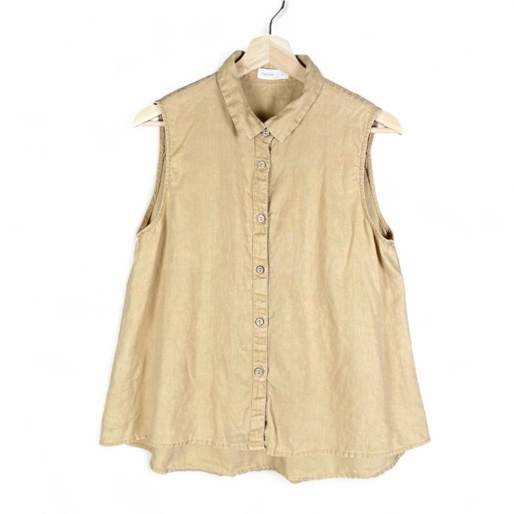 Grae Cove L Collared Sleeveless Button Top Minimalist Coastal Linen Blend Earthy